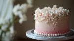 Delightful Pink and White Layered Cake Decorated With Pearls on a Rustic Wooden Table