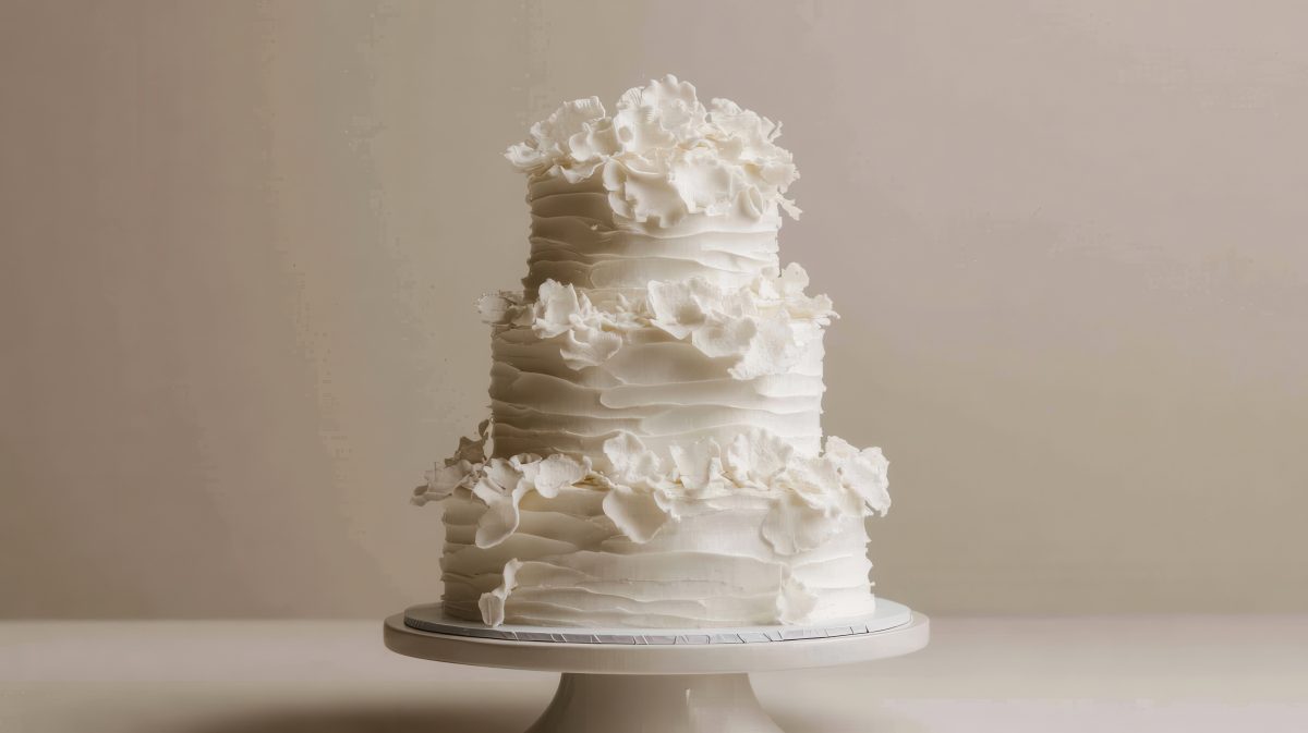 Elegant three tier wedding cake decorated with white floral accents on a simple stand