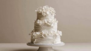 Elegant three tier wedding cake decorated with white floral accents on a simple stand